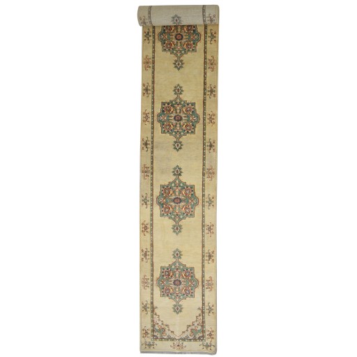 Traditional-Persian/Oriental Hand Knotted Wool / Silk (Silkette) Beige 2'6 x 15' Rug
