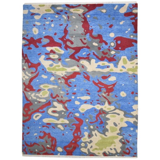 Modern Hand Knotted Wool Blue 9' x 12' Rug