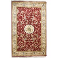 Traditional-Persian/Oriental Hand Knotted Wool / Silk (Silkette) Red 4' x 6' Rug