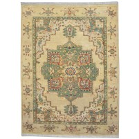 Traditional-Persian/Oriental Hand Knotted Wool / Silk (Silkette) Beige 5' x 7' Rug
